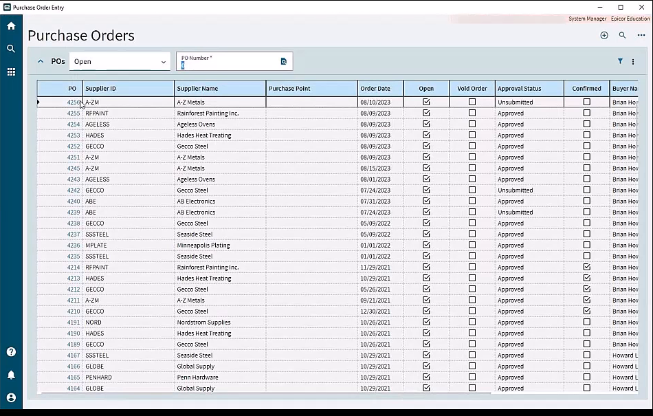 Epicor Kinetic purchase orders list grid showing suppliers, order dates, and approval status