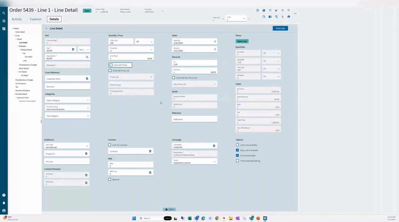 Epicor Kinetic sales order line detail screen with quantity, pricing, and discount fields