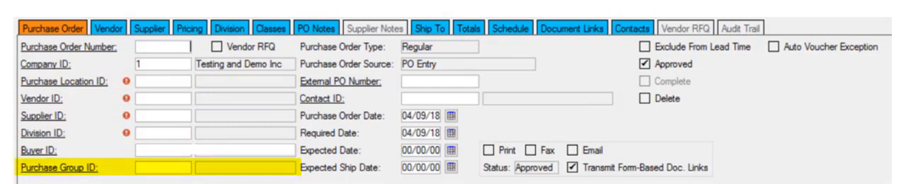 Epicor Prophet 21 Purchase Order Entry header tab with vendor and purchase order fields