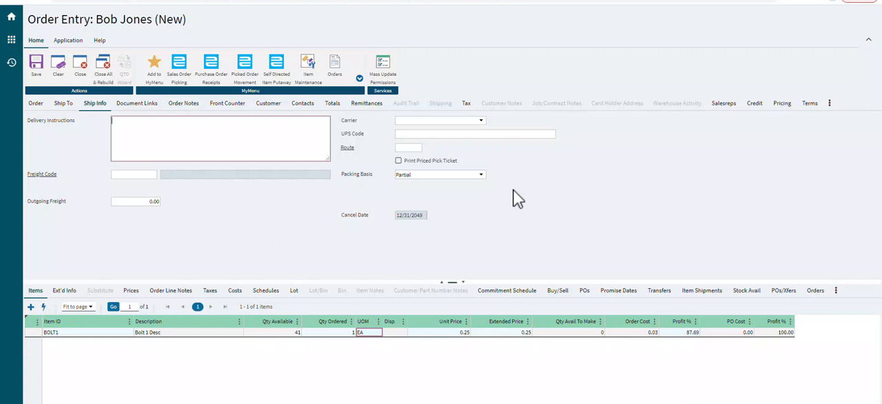 Epicor Prophet 21 Order Entry Ship Info tab showing an order line item with pricing and profit