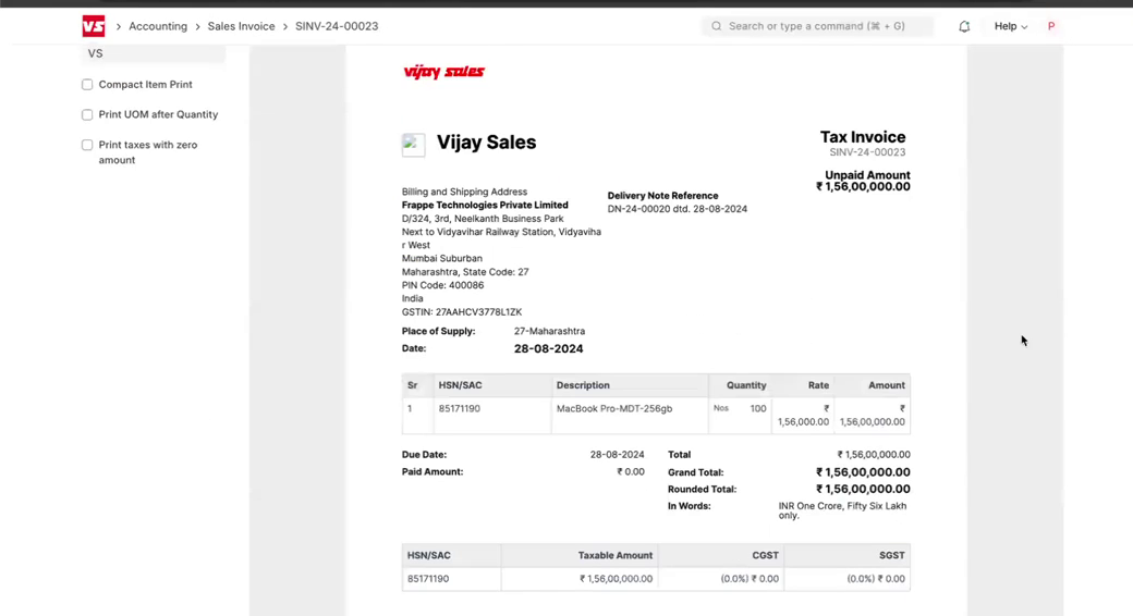 ERPNext Sales Invoice printed tax invoice document with itemized totals