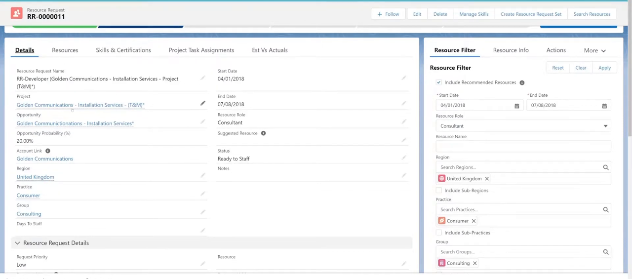 Certinia FinancialForce PSA resource request detail page with staffing filters and skills
