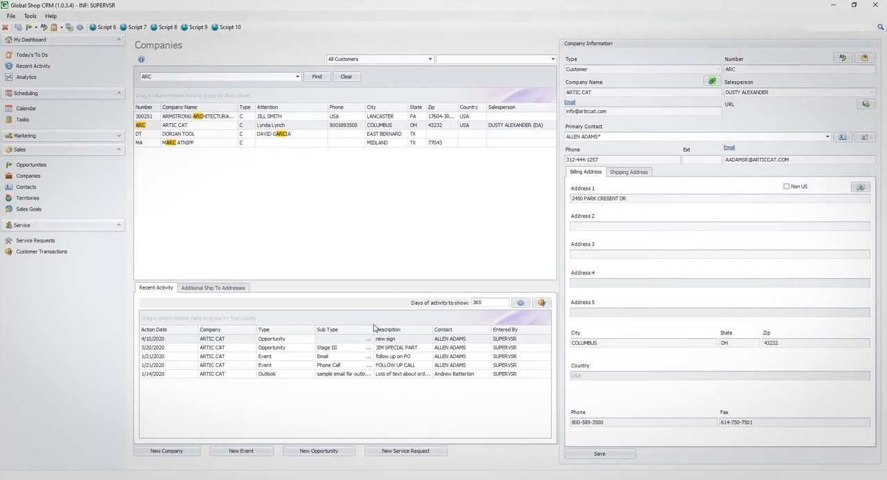 Global Shop Solutions Companies screen showing customer record, contacts and billing address details
