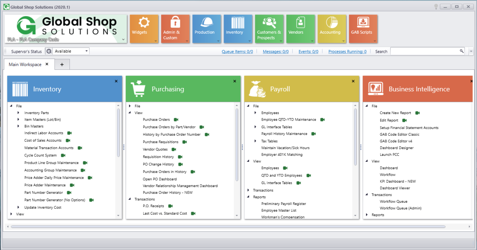 Global Shop Solutions main menu
