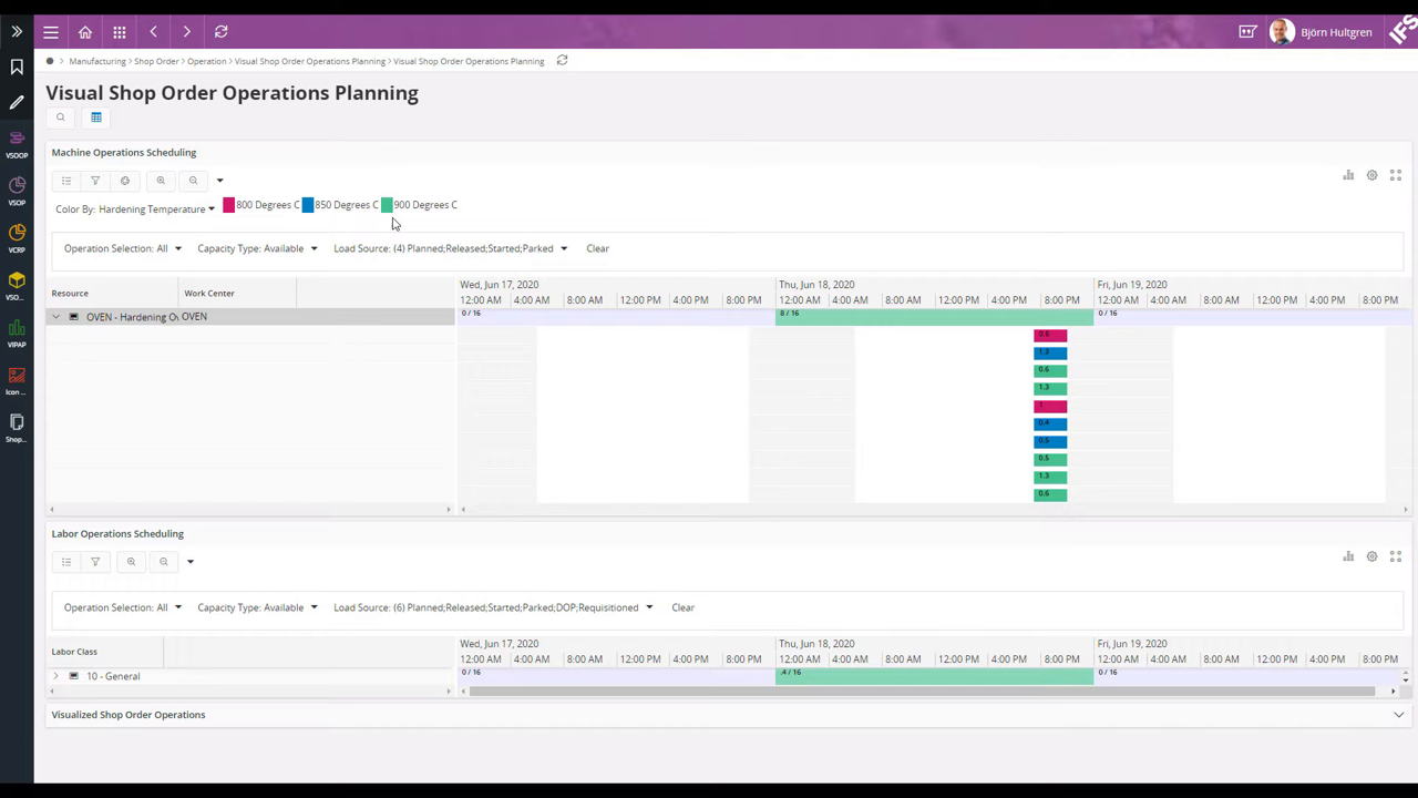 IFS Cloud visual shop order operations planning with machine and labor scheduling gantt