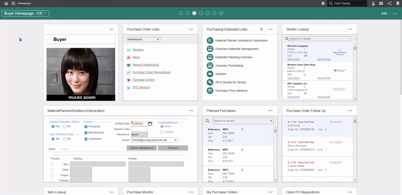 Infor CloudSuite Industrial (SyteLine) Buyer Homepage with vendor lookup and purchase order links