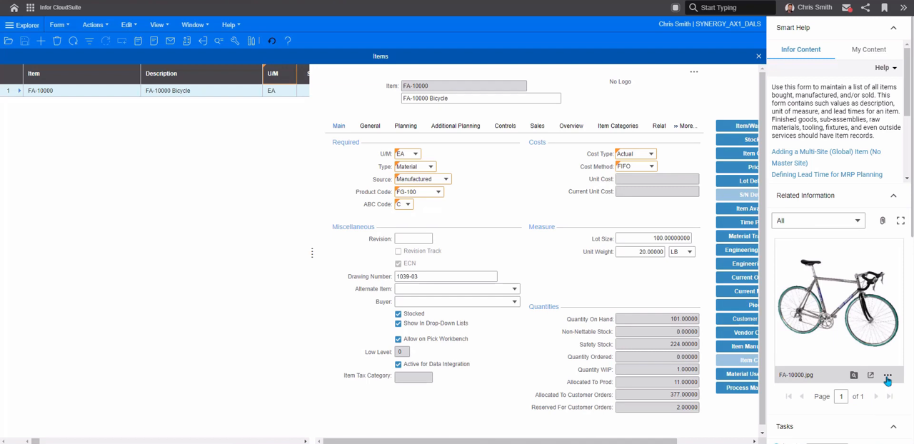 Infor CloudSuite Industrial (SyteLine) Item master record for a bicycle showing quantities and product photo