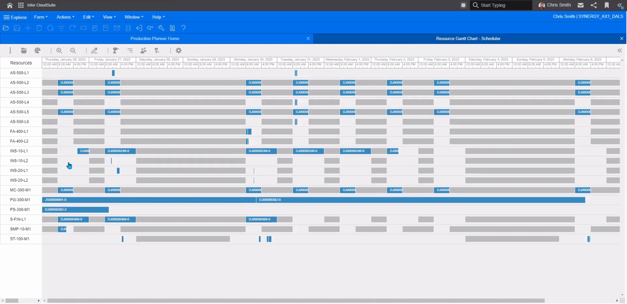 Infor CloudSuite Industrial (SyteLine) Resource Gantt Chart scheduling view across production resources