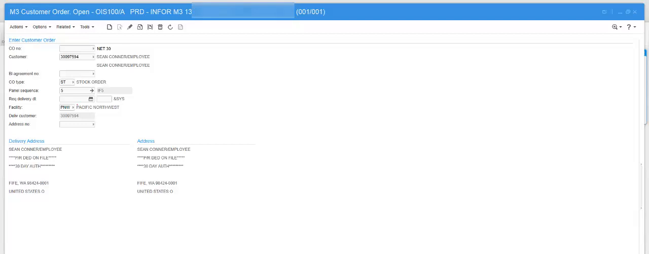 Infor M3 Customer Order Open screen OIS100/A showing sales order header entry fields