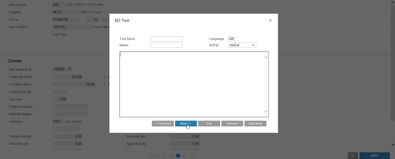 Infor M3 order line details with an M3 Text popup for adding internal or external notes