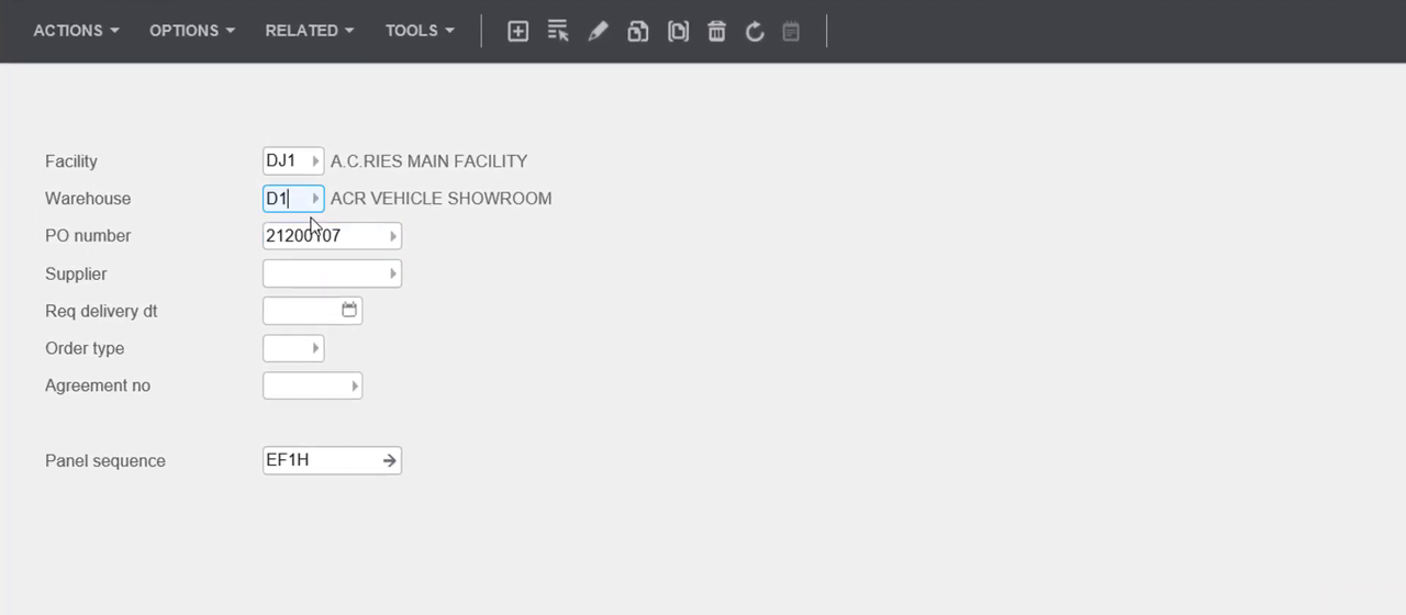 Infor M3 Purchase Order Open header screen with facility, warehouse and PO number fields