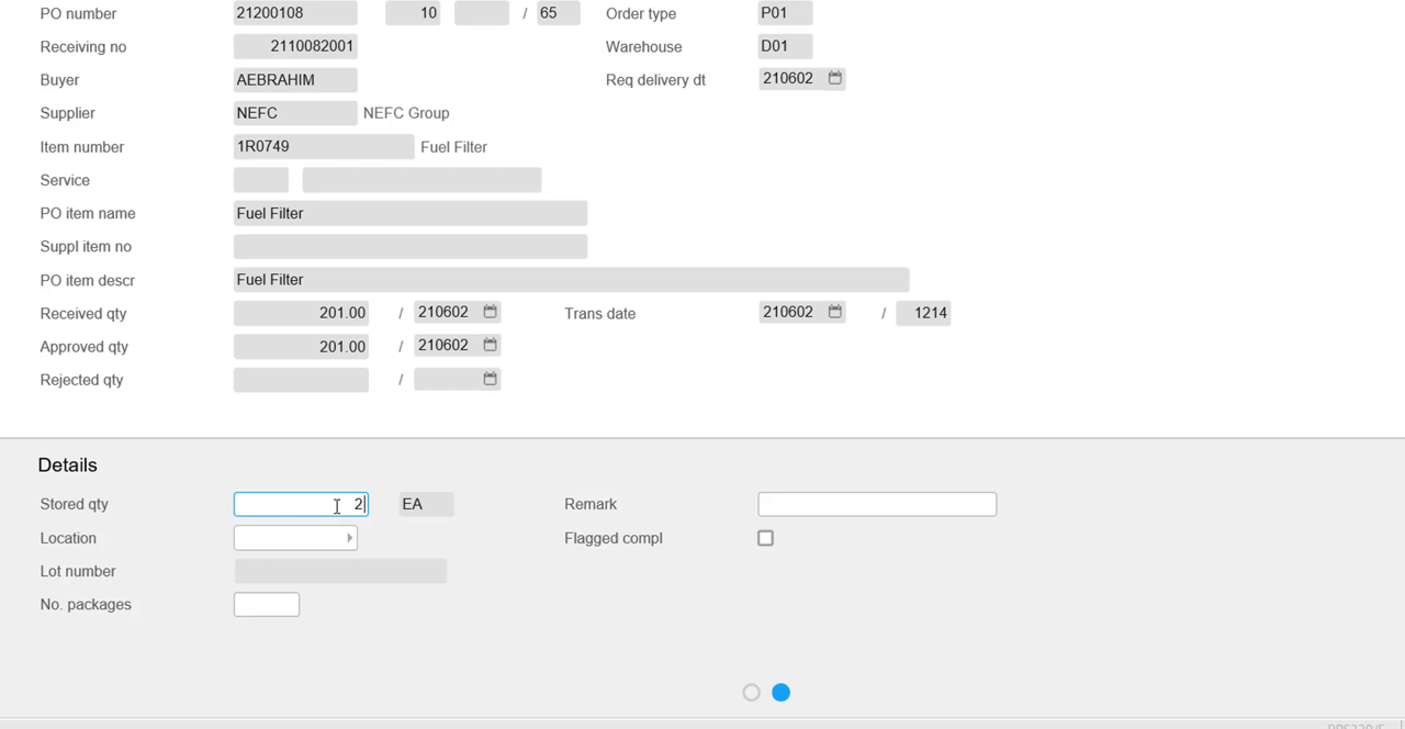 Infor M3 Put-Away Goods screen showing received, approved and stored quantities for an item
