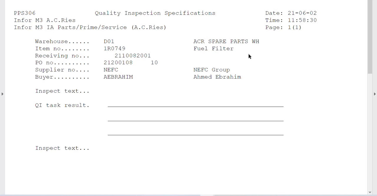 Infor M3 generated Quality Inspection Specifications report for a received purchase order line