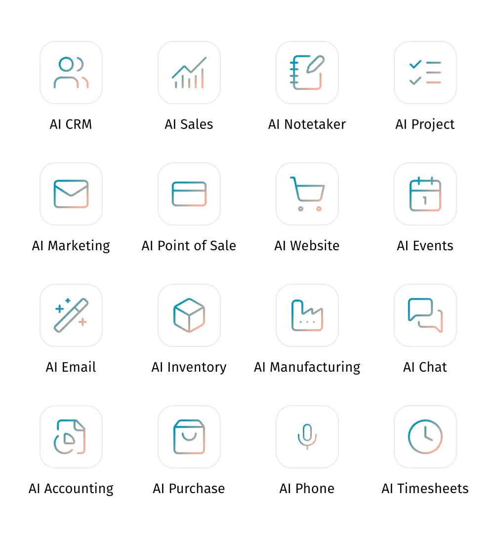 Knowlix app directory showing AI CRM, AI Sales, AI Notetaker, AI Project, AI Marketing, AI Point of Sale, AI Accounting, AI Purchase and other included apps