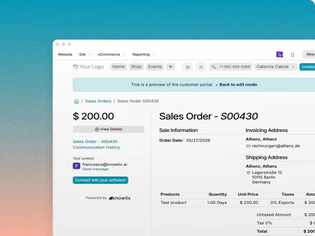 Knowlix customer-facing sales order portal showing order lines, invoicing address and total
