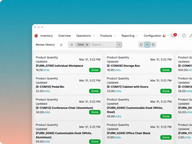 Knowlix inventory moves history listing product quantity updates with dates and status
