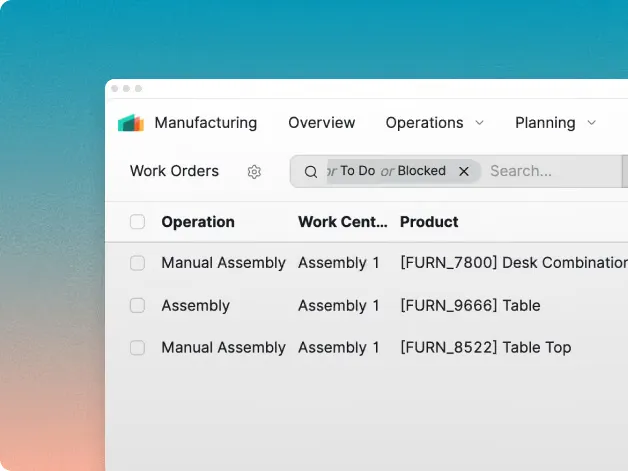 Knowlix manufacturing work orders list with operation, work centre and product columns