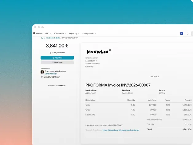 Knowlix proforma invoice document with company details, invoice lines and totals