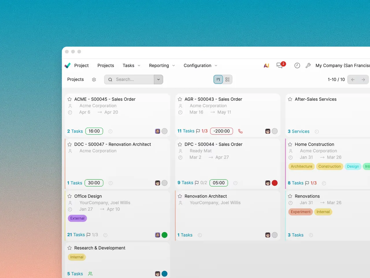 Knowlix project view listing projects and tasks by customer with stage columns and assignees