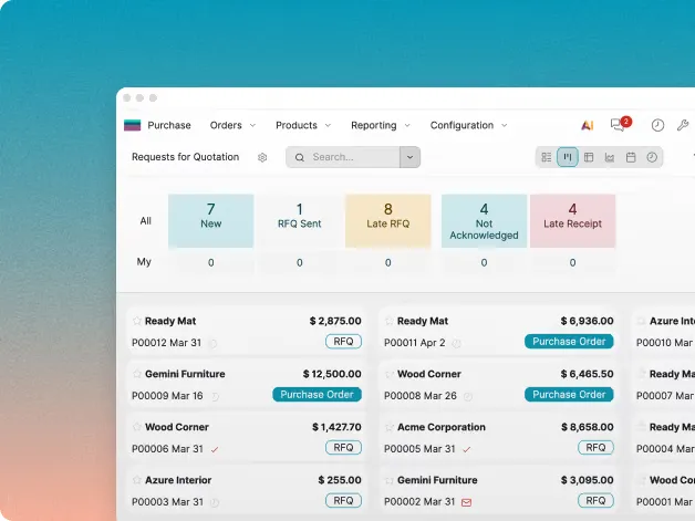 Knowlix purchasing board showing requests for quotation grouped by new, RFQ sent, late and not acknowledged