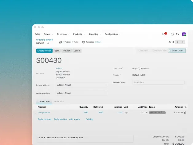 Knowlix sales order detail with customer, order lines, quantities, unit prices, taxes and order total