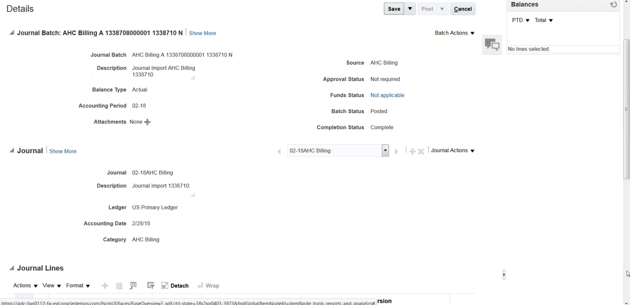 Oracle Fusion Cloud ERP General Ledger journal batch detail with balances and journal lines panel