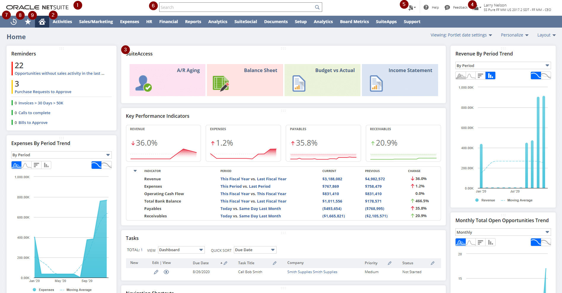 Oracle NetSuite dashboard with KPIs and portlets