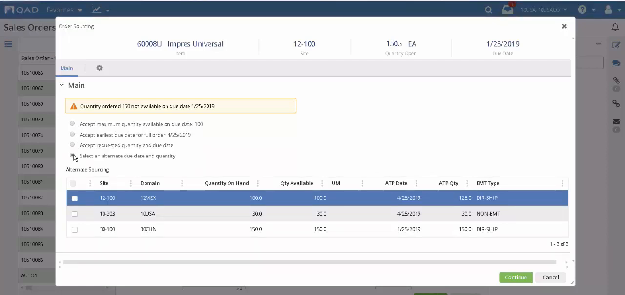 QAD Adaptive ERP order sourcing screen showing multi-site inventory availability and ATP dates