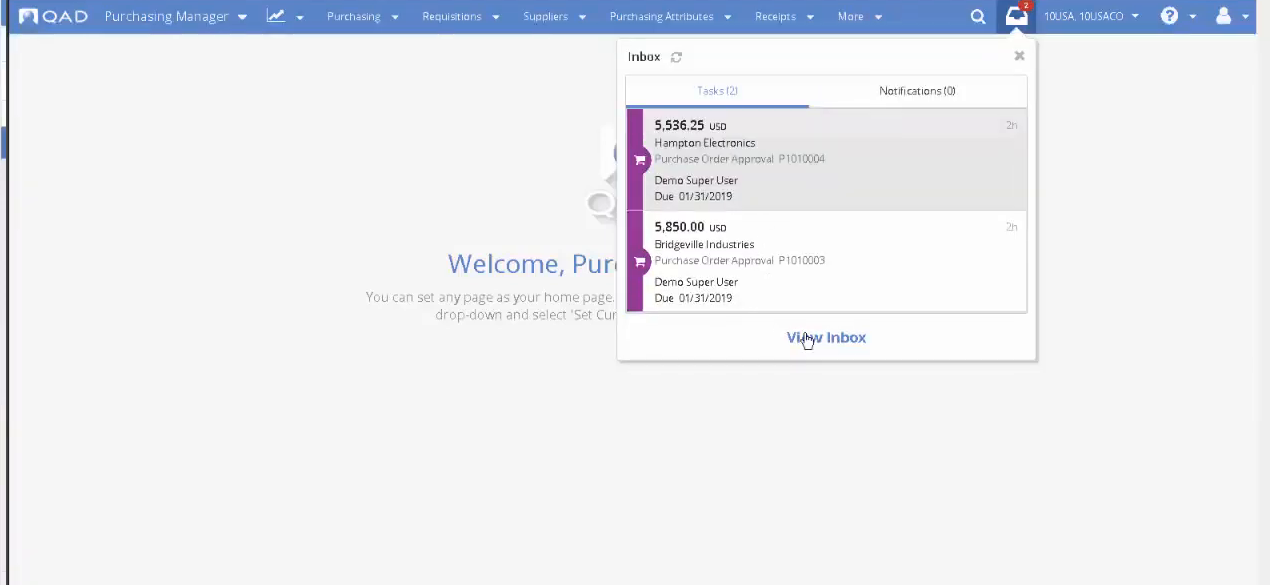 QAD Adaptive ERP inbox showing pending purchase order approval tasks with amounts