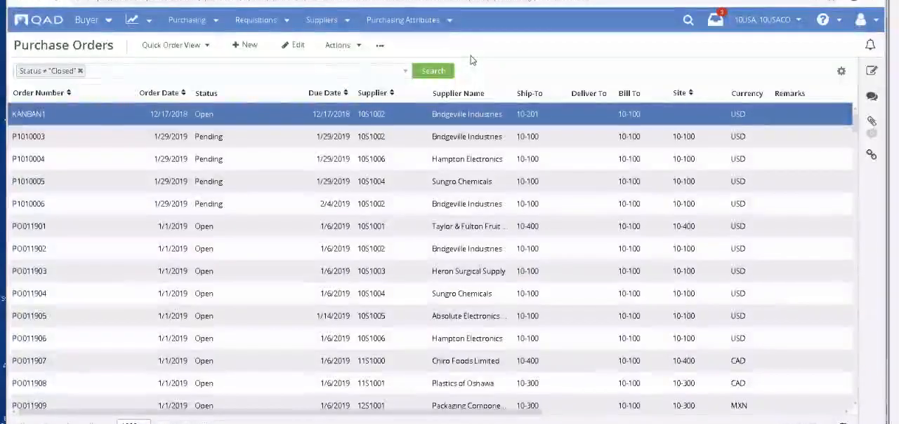 QAD Adaptive ERP purchase orders list with supplier, ship-to, and currency columns