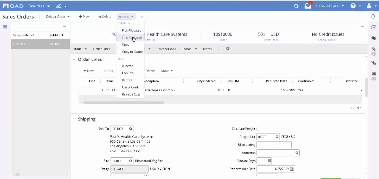 QAD Adaptive ERP sales order actions menu open above shipping and ship-to details