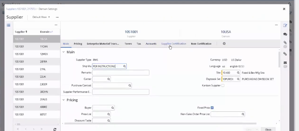 QAD Adaptive ERP supplier master record showing pricing, terms, and certification tabs