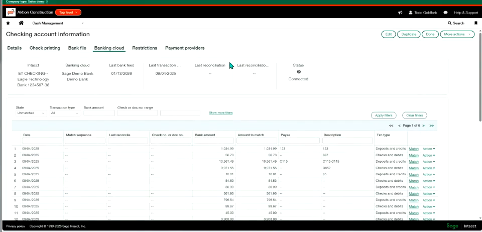 Sage Intacct checking account information screen with bank feed transactions for reconciliation