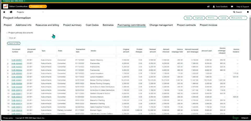 Sage Intacct purchasing commitments tab listing subcontract documents and invoiced amounts