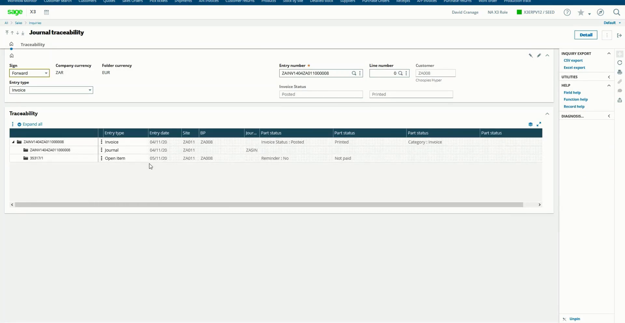 Sage X3 journal traceability inquiry showing linked invoice, journal, and open item entries