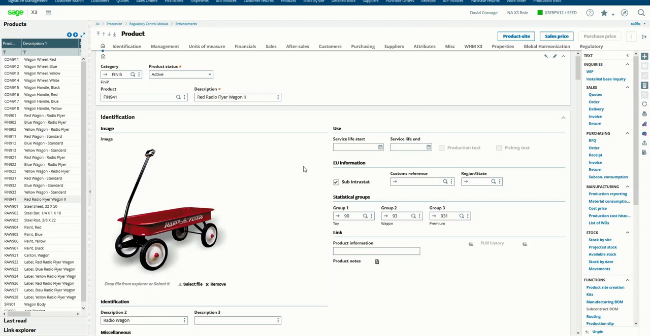 Sage X3 product master record for a wagon item showing identification and statistical group fields