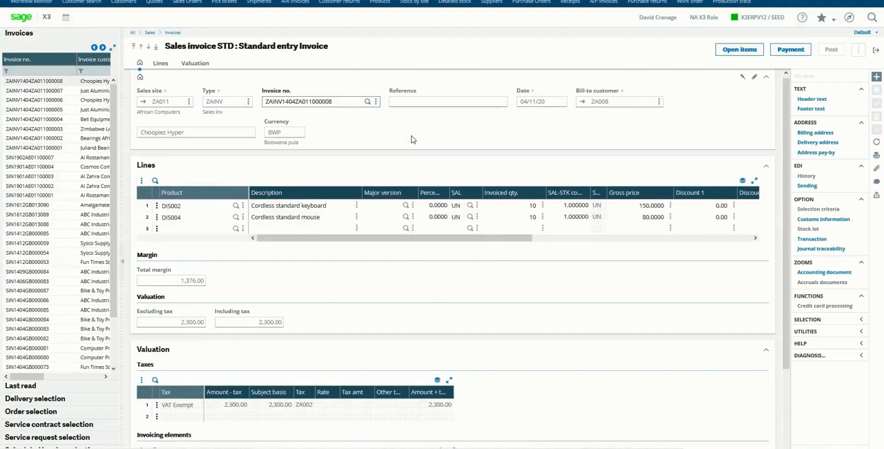 Sage X3 sales invoice standard entry screen listing invoice lines, margin, and tax valuation