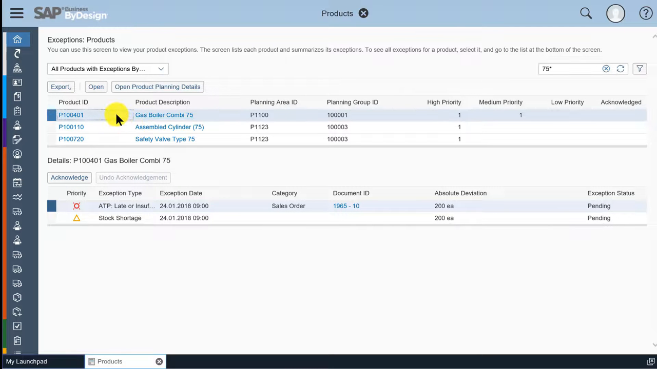 SAP Business ByDesign MRP product exceptions list flagging stock shortages and late orders
