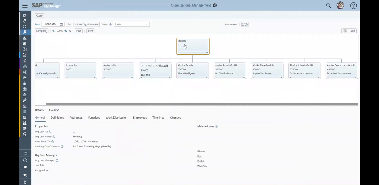 SAP Business ByDesign Organizational Management org chart showing holding company structure
