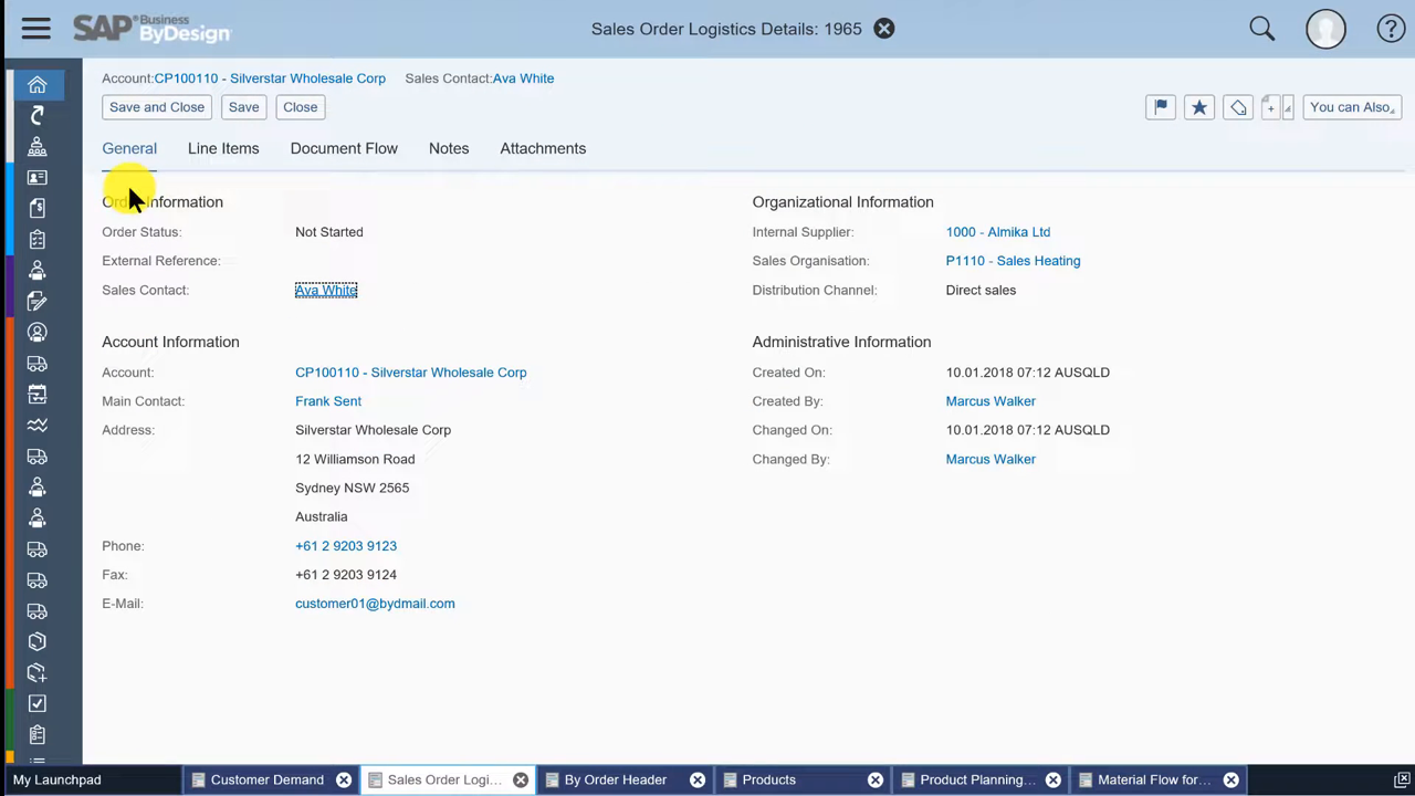 SAP Business ByDesign sales order logistics details showing account and organizational data