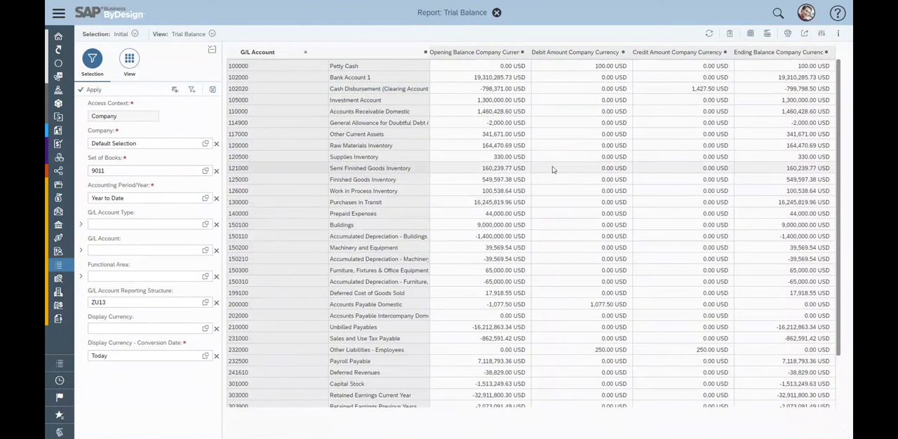 SAP Business ByDesign Trial Balance report with opening and ending account balances