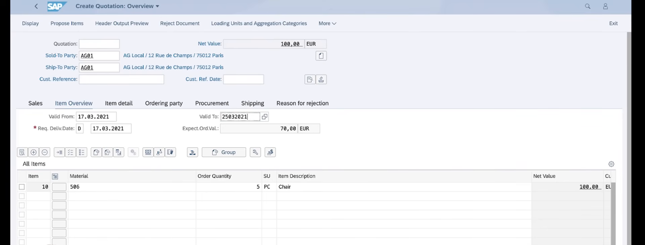 SAP S/4HANA Private Cloud (on-premise edition) Fiori quotation overview screen with item line