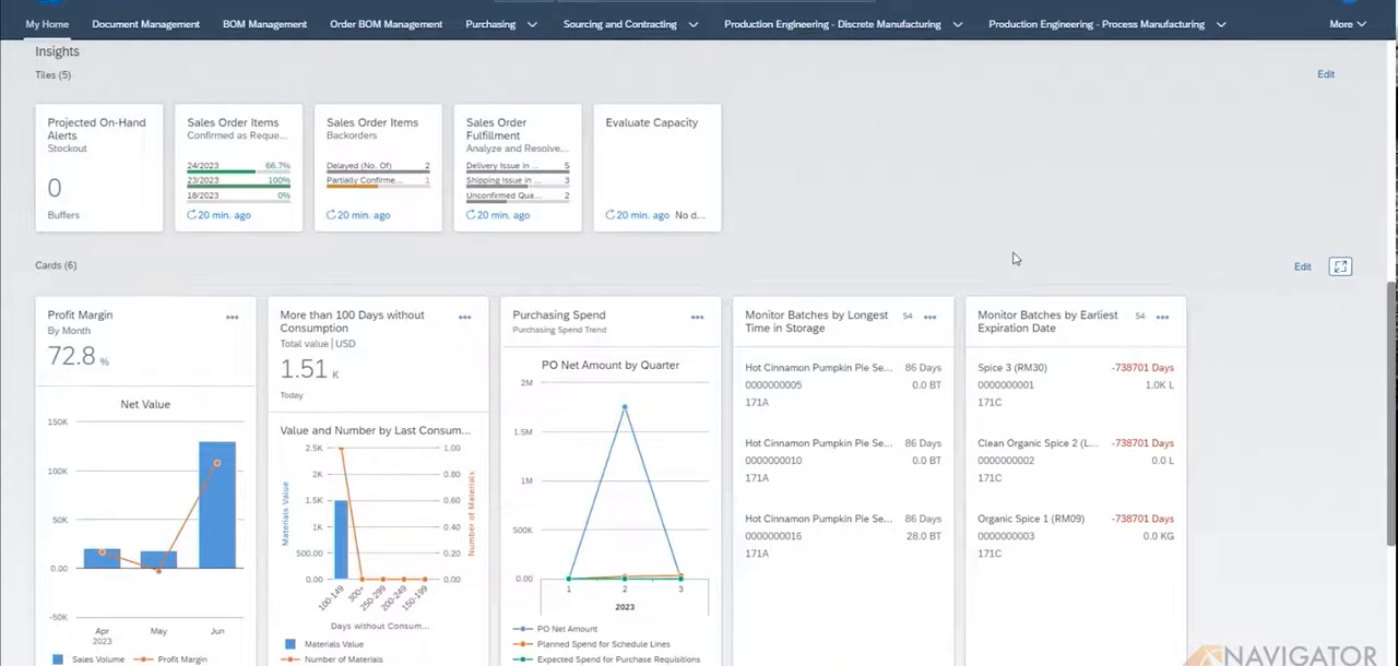 SAP S/4HANA Public Cloud Insights dashboard with profit margin and purchasing spend charts