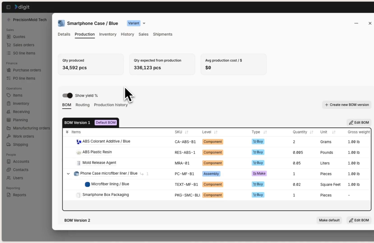 Sutton ERP bill of materials view showing component items, quantities, and BOM versions for a product