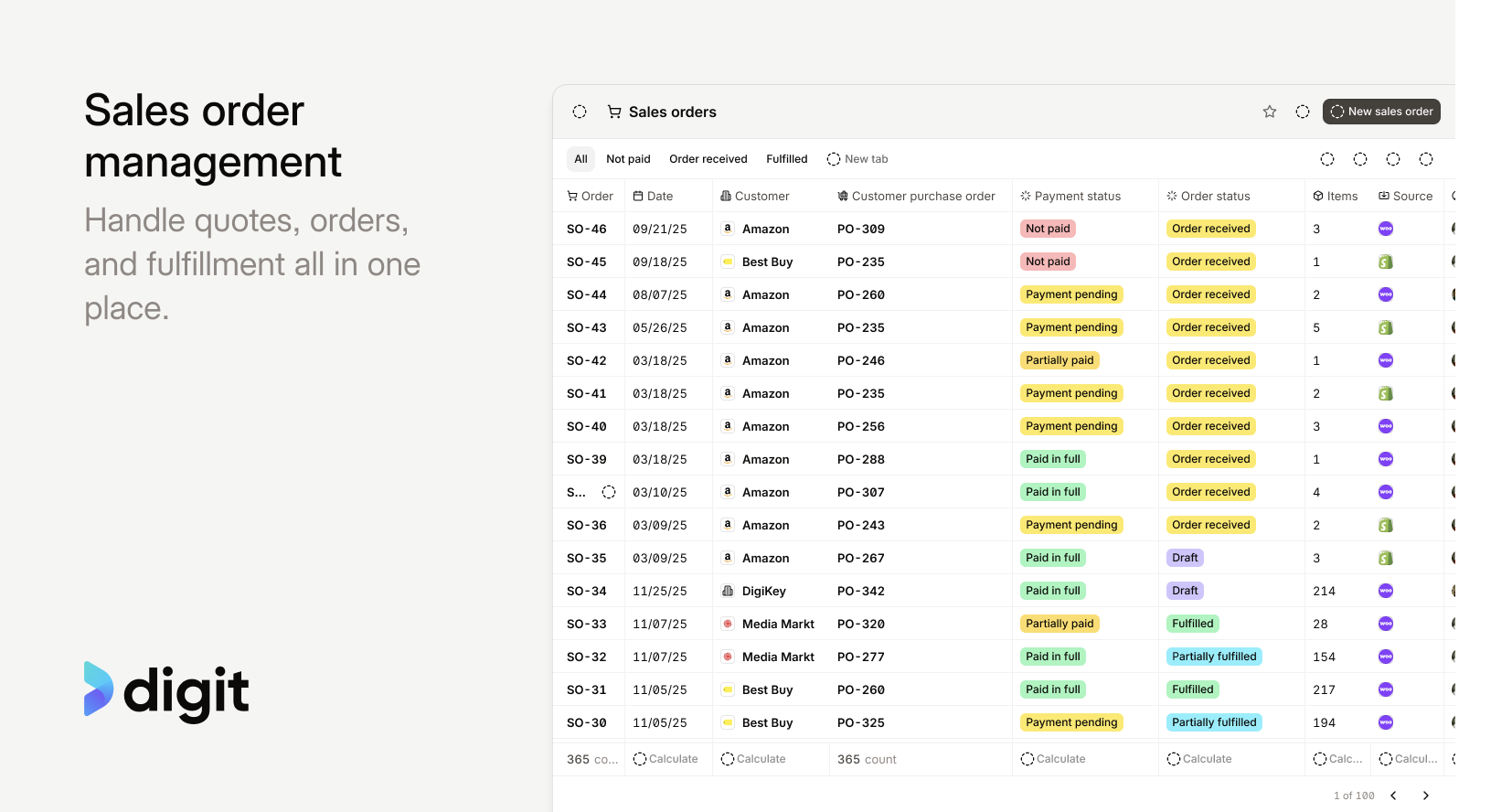 Sutton sales order management with quotes, orders, payment and fulfillment status
