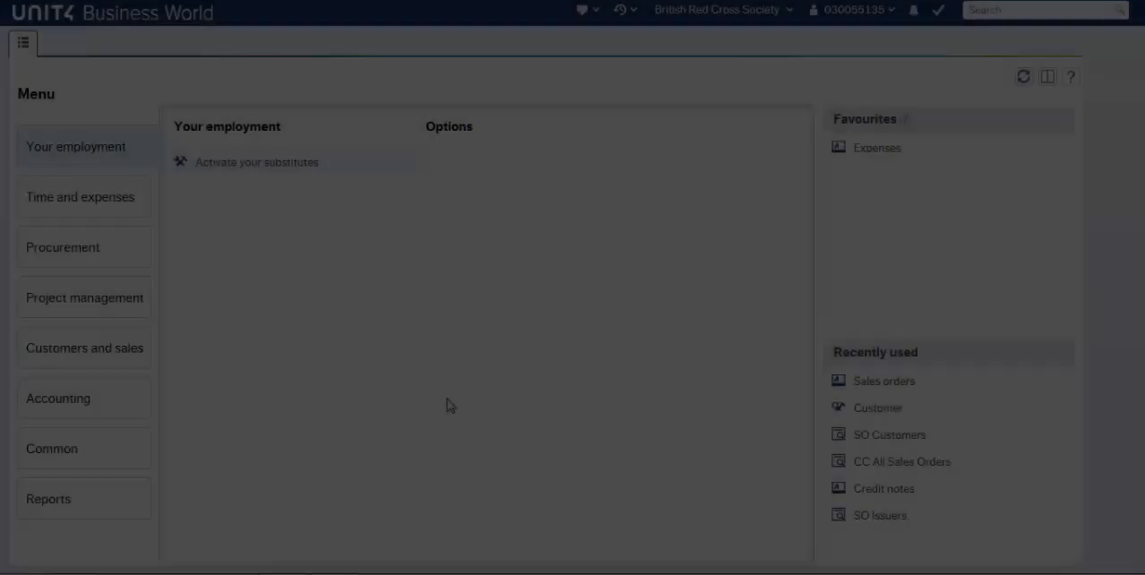 Unit4 ERP Business World main menu screen with module navigation and favourites panel