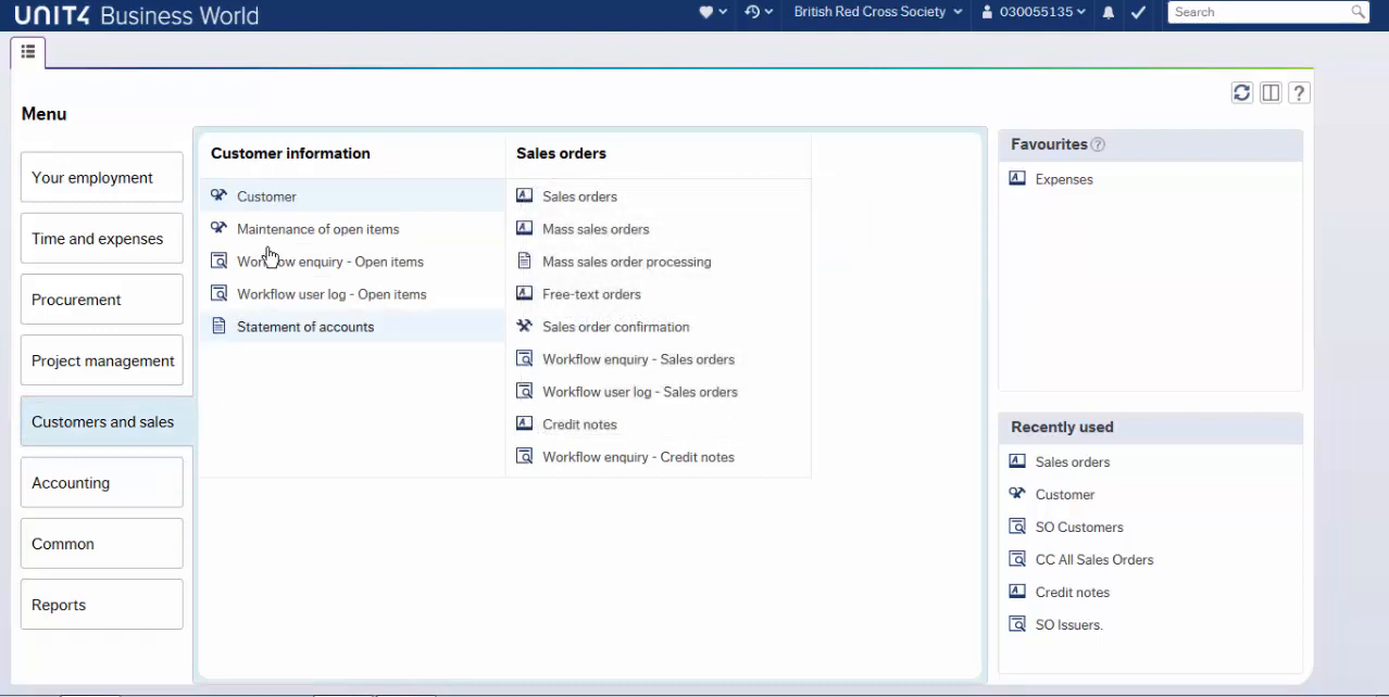 Unit4 Business World Customers and sales menu listing sales order options