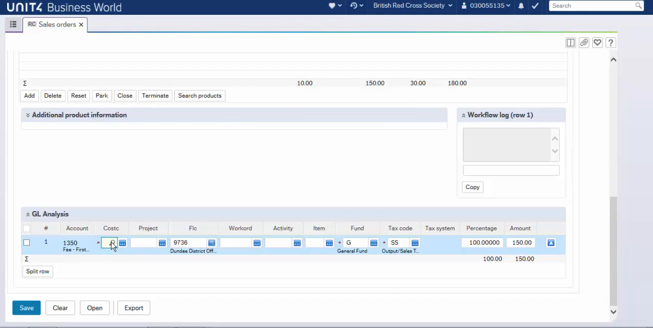 Unit4 Business World GL Analysis grid for coding sales order account and cost centre