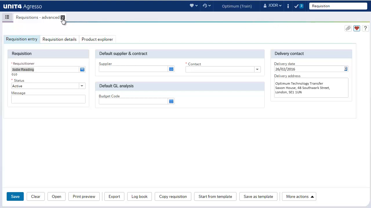 Unit4 Business World Agresso requisition entry form with supplier and delivery contact fields