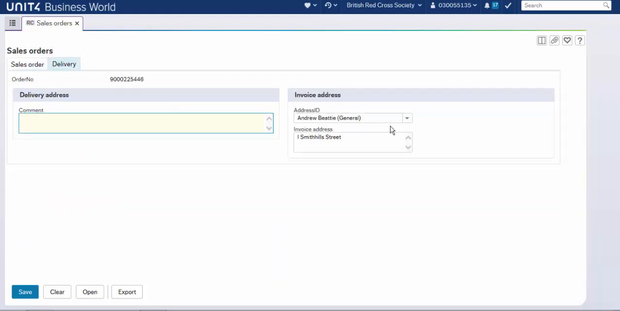Unit4 ERP Business World sales order Delivery tab with invoice address details